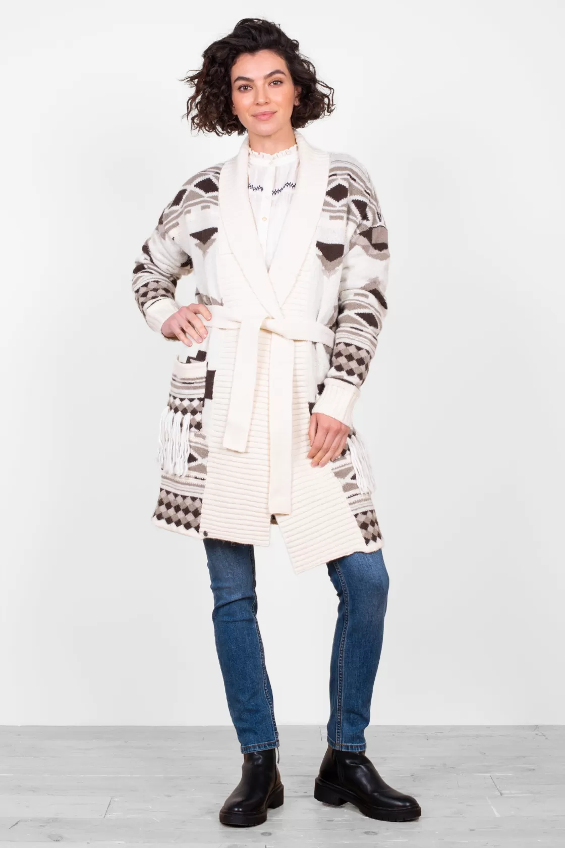 Knitwear>Brakeburn Blanket Belted Knitted Cardigan Cream