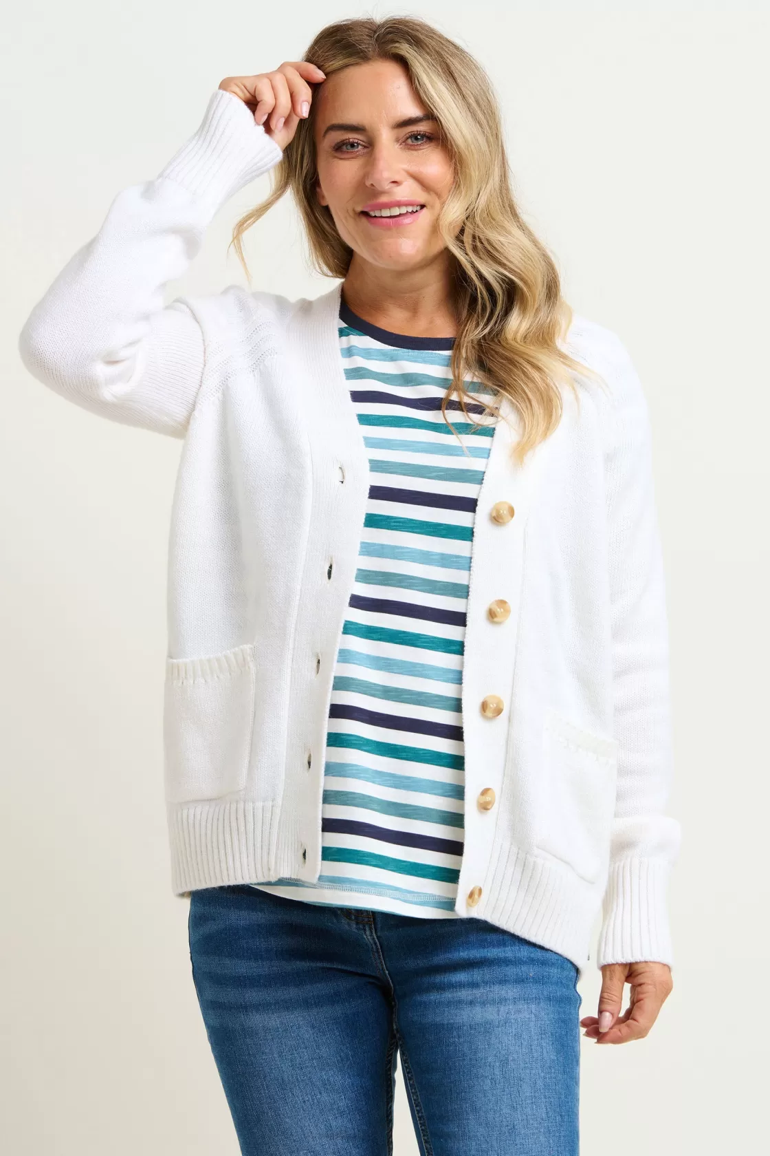 Knitwear>Brakeburn Chunky White Cardigan Cream