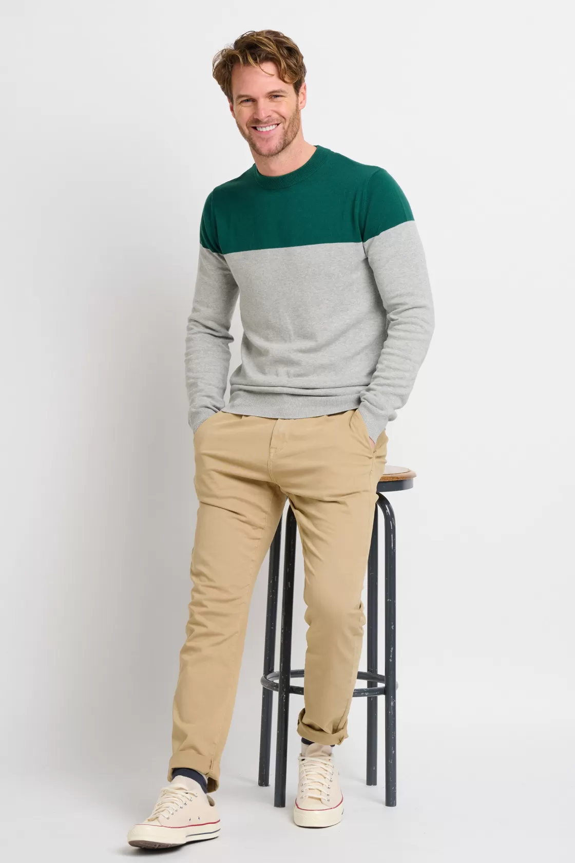 Knitwear>Brakeburn Colour Block Crew Neck Jumper Green