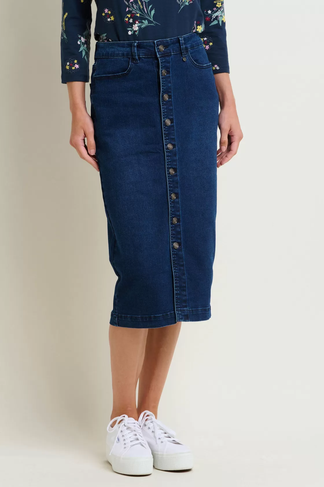 Skirts>Brakeburn Denim Midi Skirt Navy