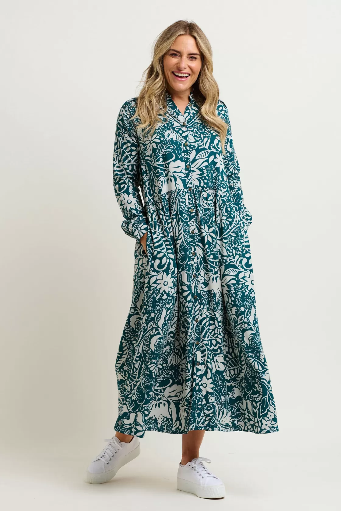 Dresses>Brakeburn Enchanted Blossom Maxi Shirt Dress Blue