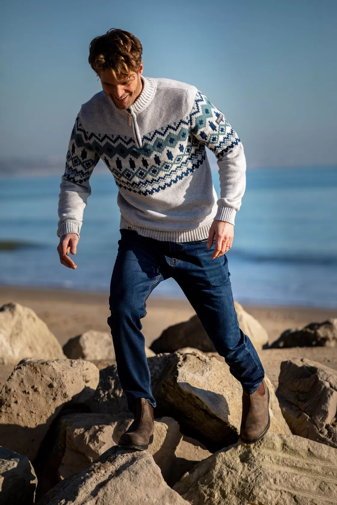 Knitwear>Brakeburn Fairisle Quarter Zip Jumper Blue