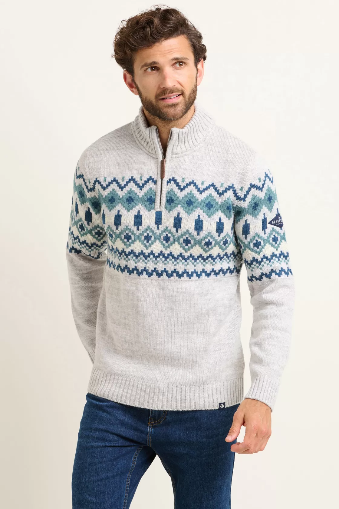 Knitwear>Brakeburn Fairisle Quarter Zip Jumper Blue