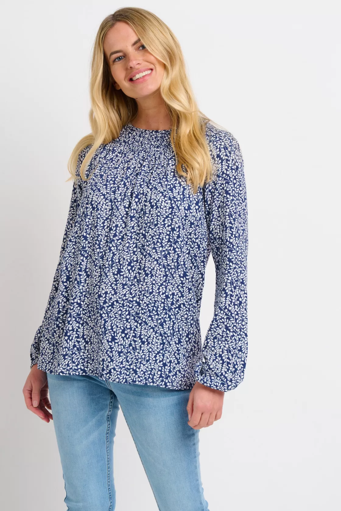 Shirts And Blouses>Brakeburn Floral Trail Shirring Blouse Navy