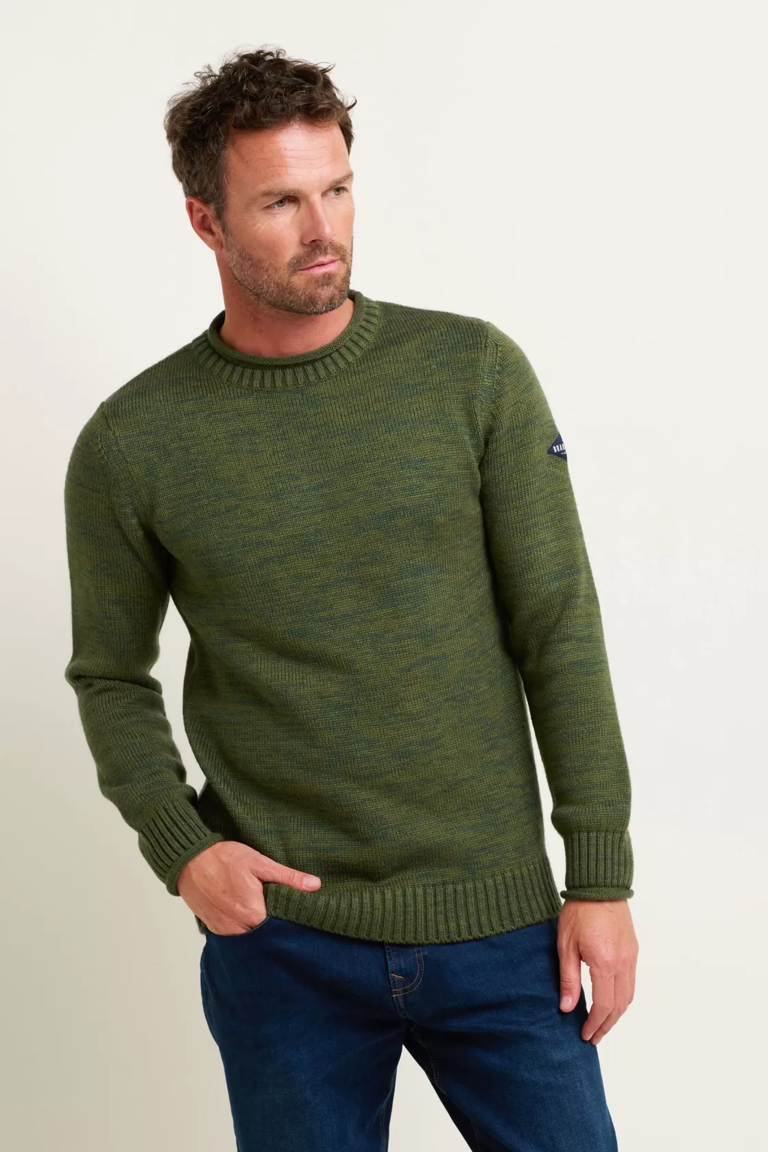 Knitwear>Brakeburn Khaki Crew Neck Jumper Green