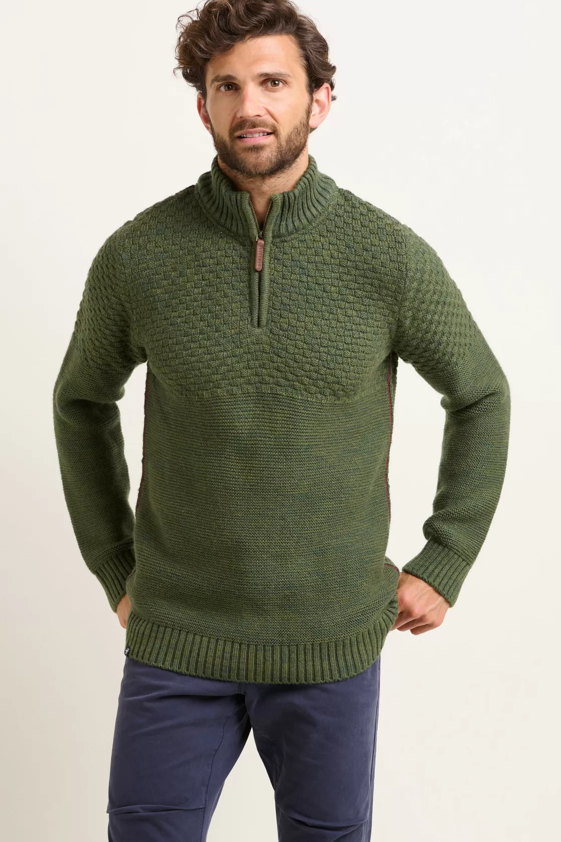 Knitwear>Brakeburn Khaki Quarter Zip Jumper Green