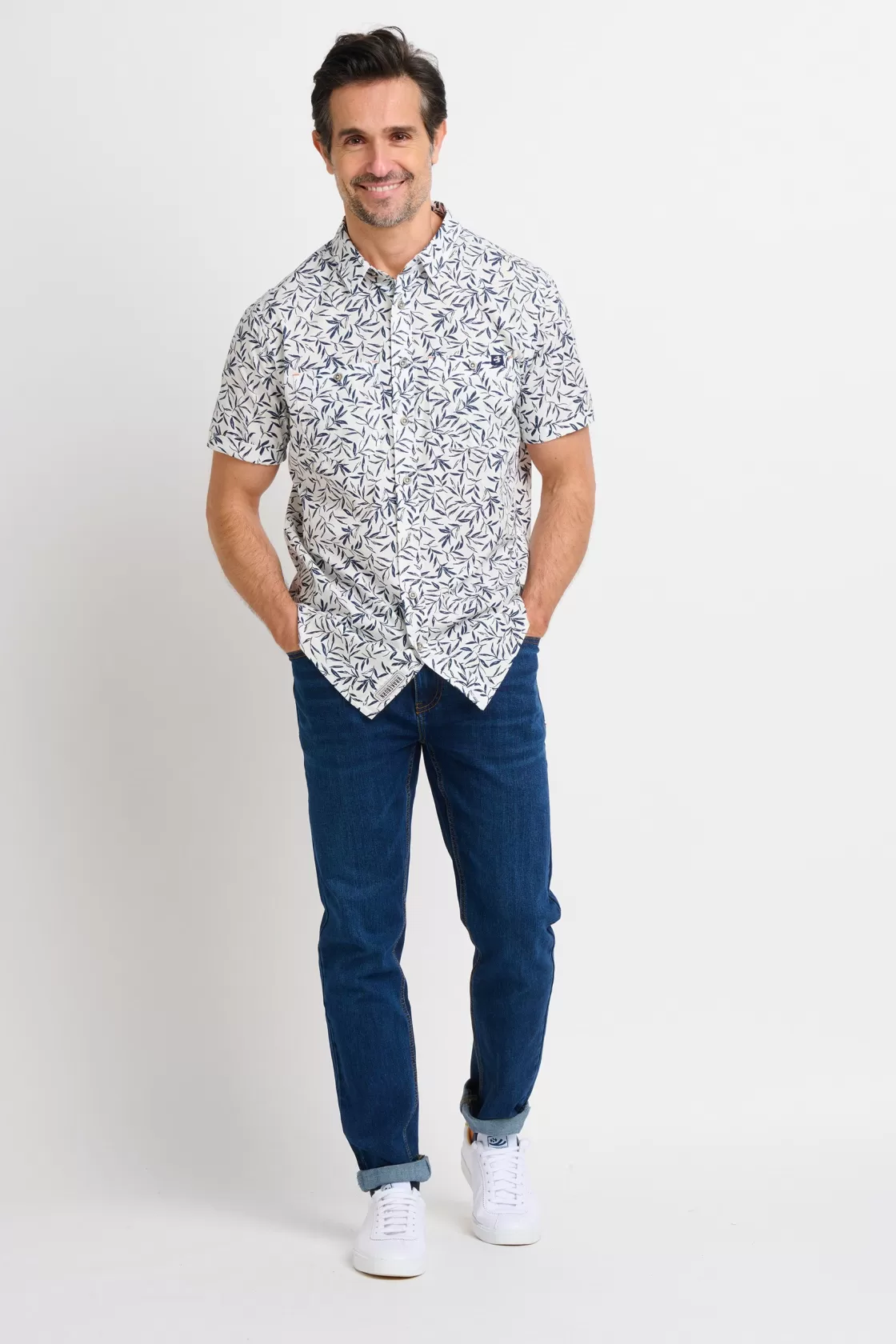 Shirts>Brakeburn Leaf Short Sleeve Shirt Navy