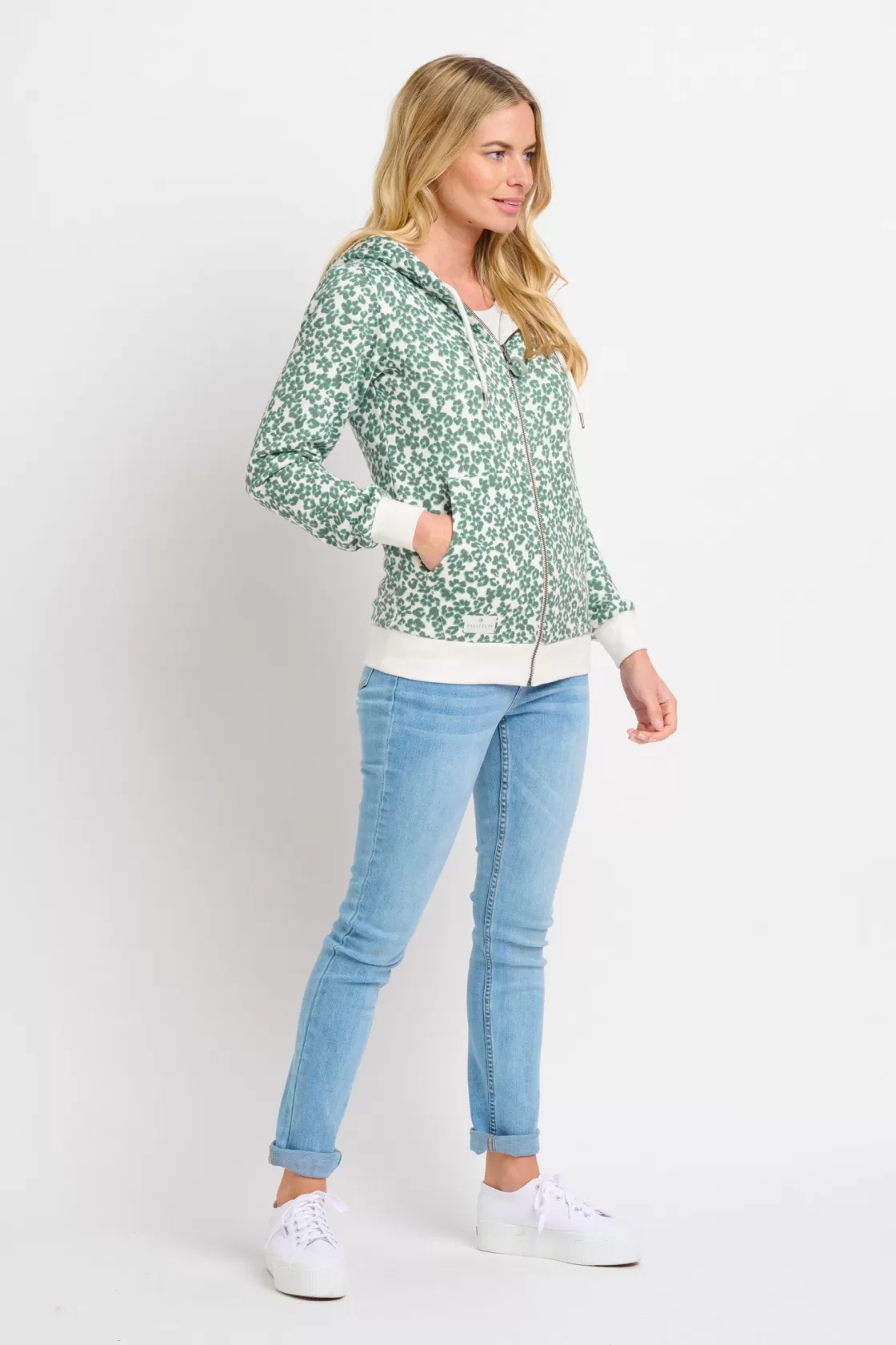 Sweatshirts And Hoodies>Brakeburn Leopard Floral Zip Through Hoodie Green