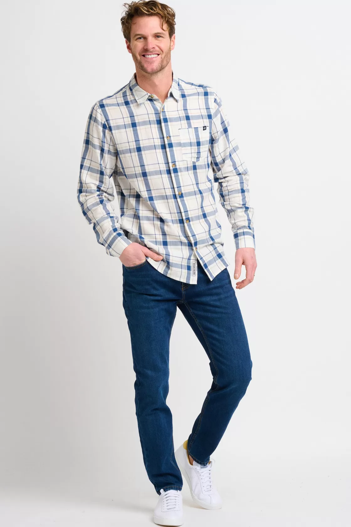 Shirts>Brakeburn Long Sleeve Checked Shirt Cream