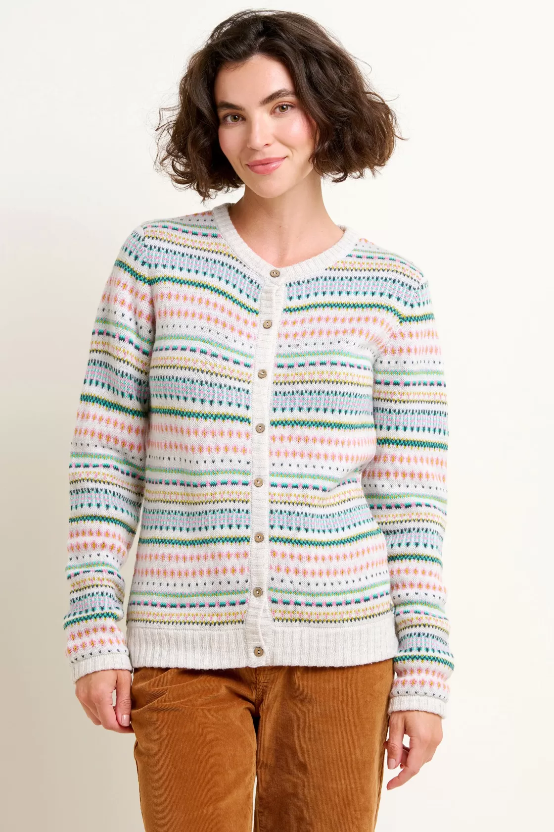 Knitwear>Brakeburn Multicolour Fairisle Cardigan Cream