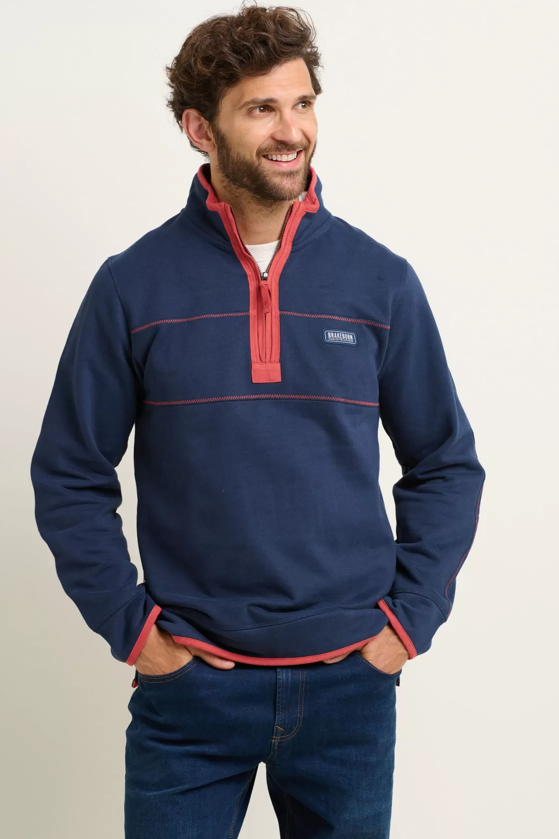 Sweatshirts And Hoodies>Brakeburn Navy Quarter Zip Sweatshirt Burgundy