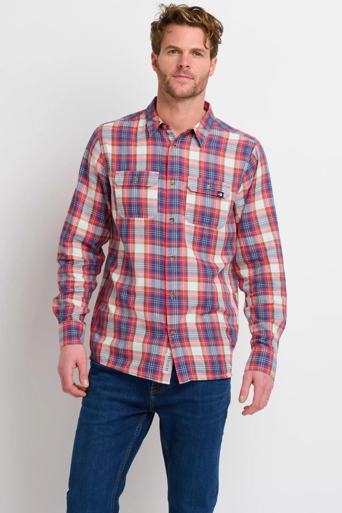 Shirts>Brakeburn Red Long Sleeve Checked Shirt Cream