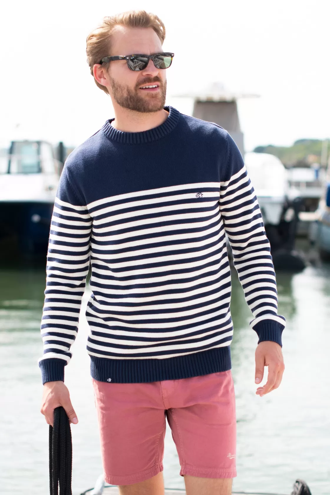 Knitwear>Brakeburn Stripe Crew Neck Jumper Navy