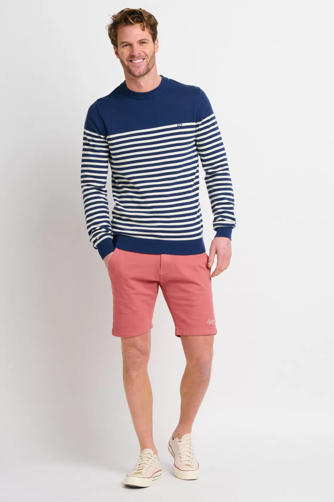 Knitwear>Brakeburn Stripe Crew Neck Jumper Navy