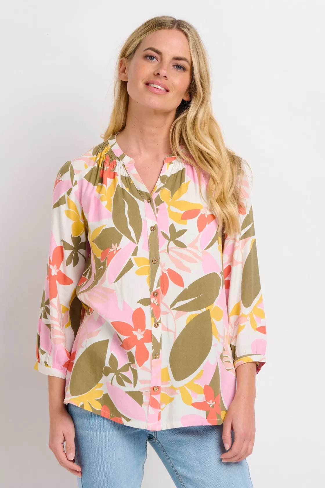 Shirts And Blouses>Brakeburn Tropical Palm Blouse Khaki