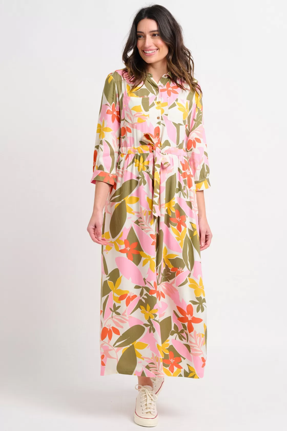 Dresses>Brakeburn Tropical Palm Shirt Dress Khaki