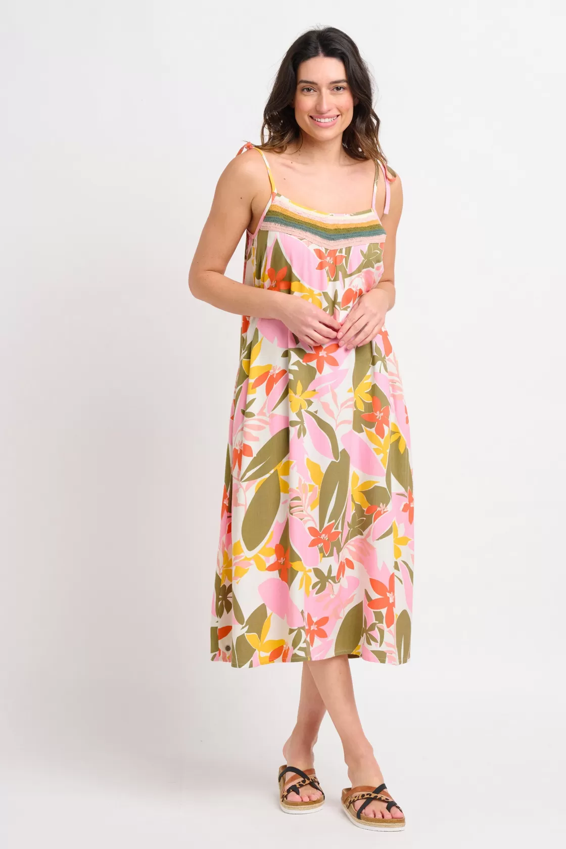 Dresses>Brakeburn Tropical Palm Strappy Dress Khaki